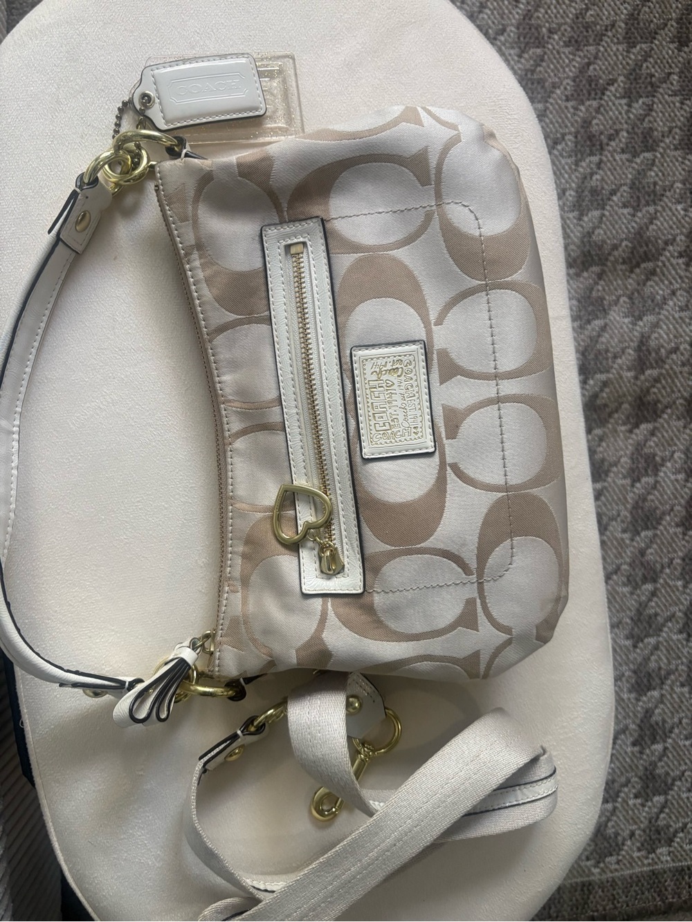 Coach Signature Canvas Shoulder Bag in Beige and White with Gold Hardware
